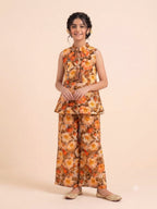 Brown Flowers Print Skin Angrakha Style Suit- Girls
