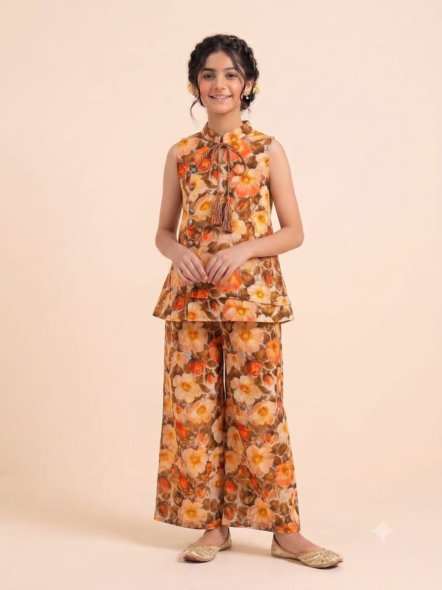 Brown Flowers Print Skin Angrakha Style Suit- Girls