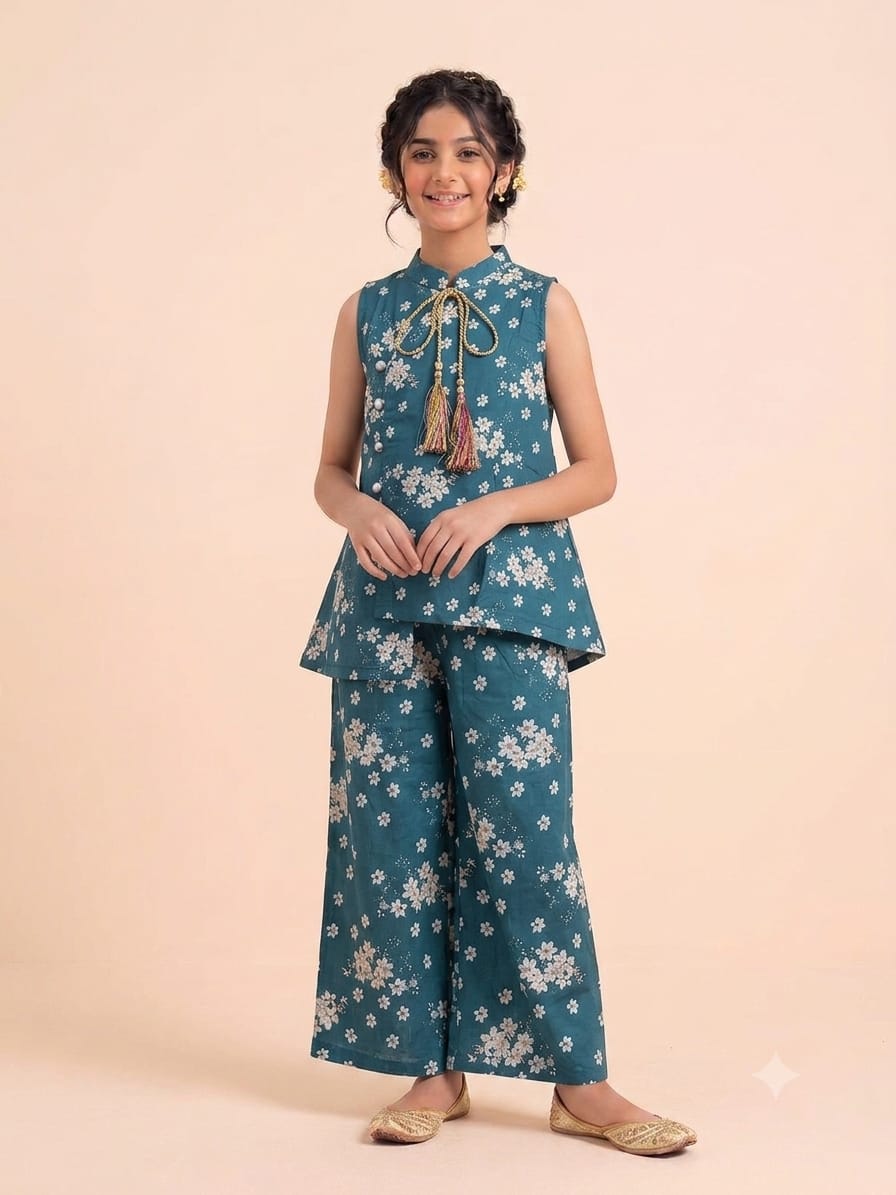 White Flowers Print C-Green Angrakha Style Suit- Girls