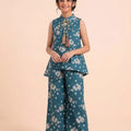 White Flowers Print C-Green Angrakha Style Suit- Girls