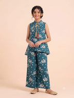 White Flowers Print C-Green Angrakha Style Suit- Girls