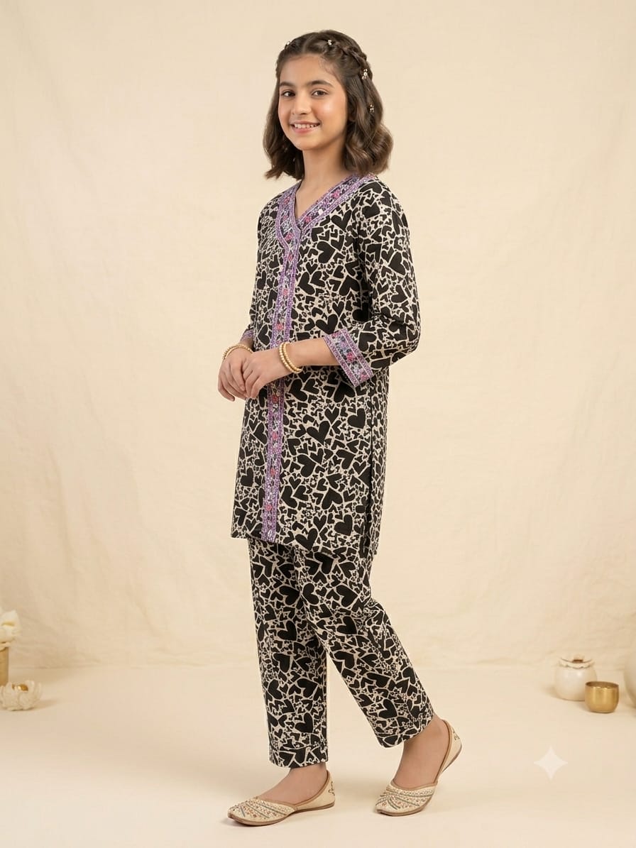 Front Embroidered Black Angrakha Style 2-Piece Suit – Girls