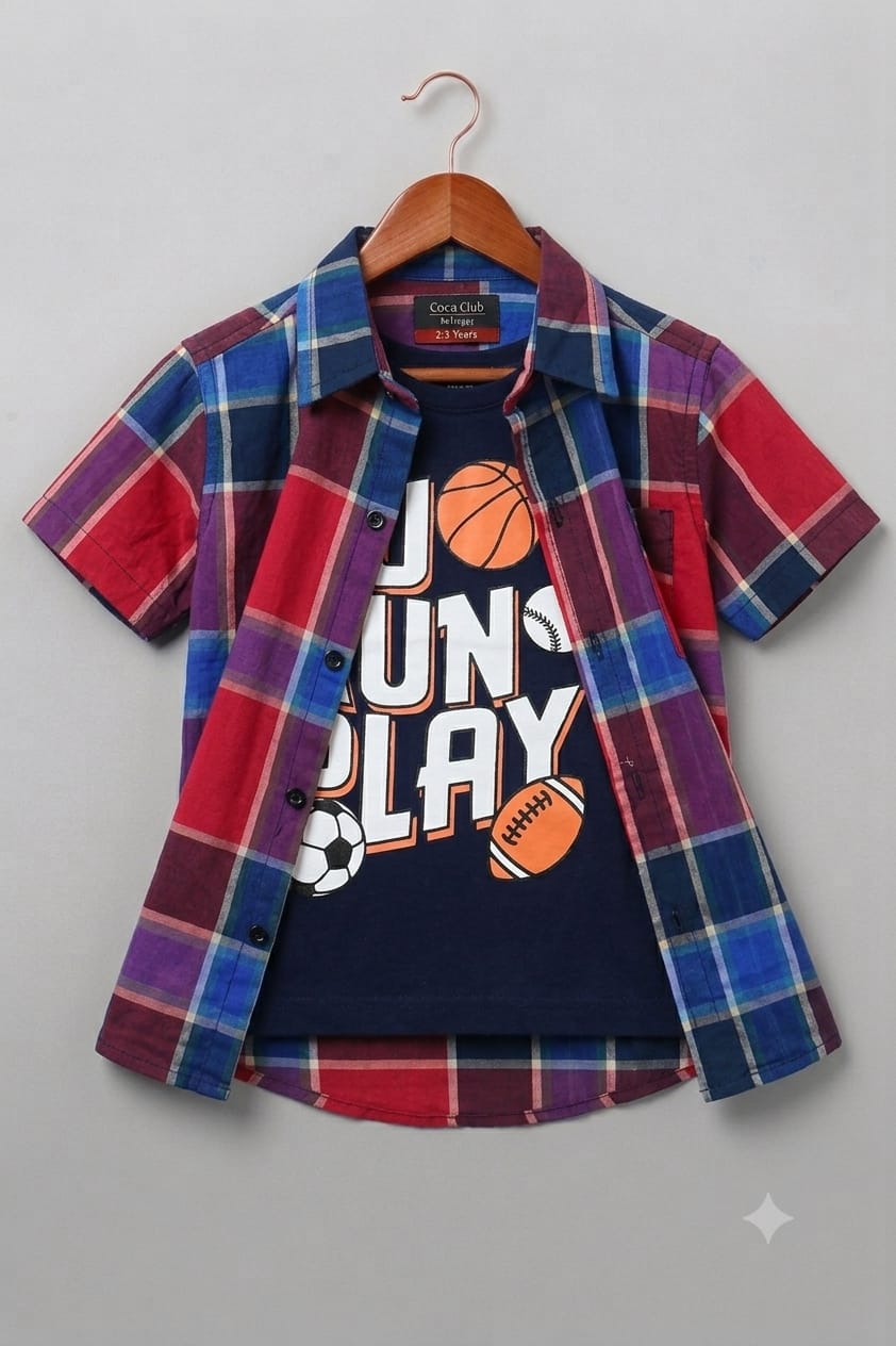 Go Run Play Navy Inner Maroon Double Casual Shirt Boys ( R-451  N )