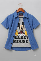 Mickey Mouse Oatmeal Inner Sky Check Double Casual Shirt Boys