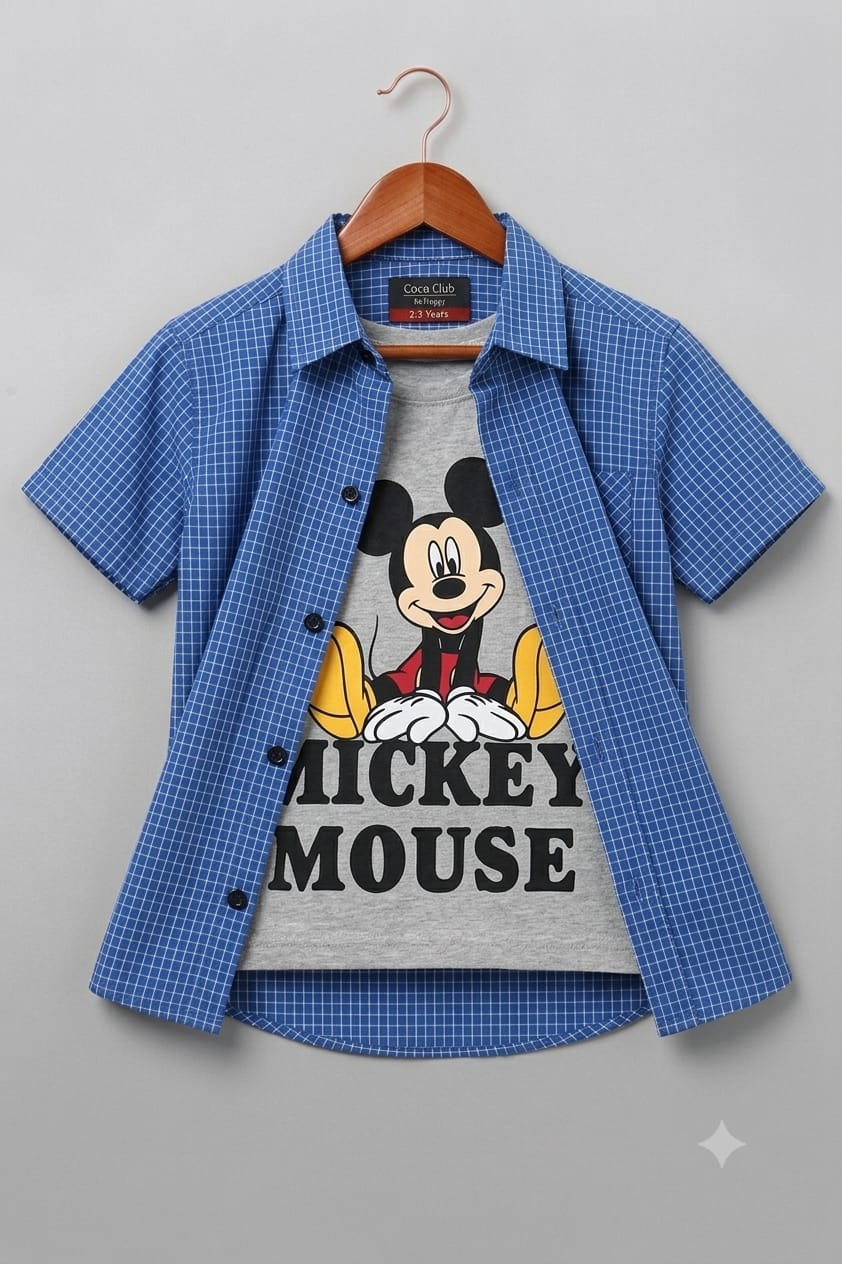 Mickey Mouse Oatmeal Inner Sky Check Double Casual Shirt Boys