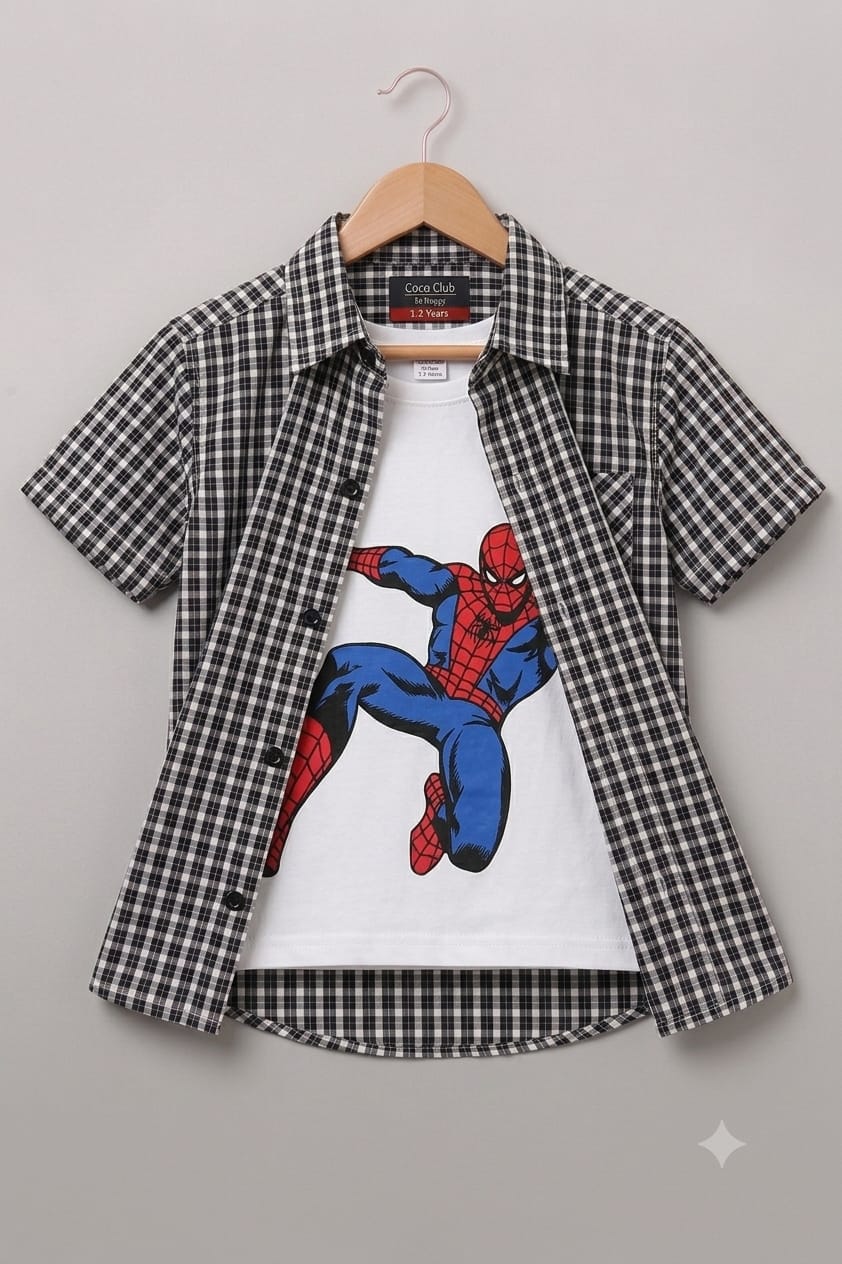 Spiderman White inner Black Check Double Casual Shirt Boys ( R-301N )