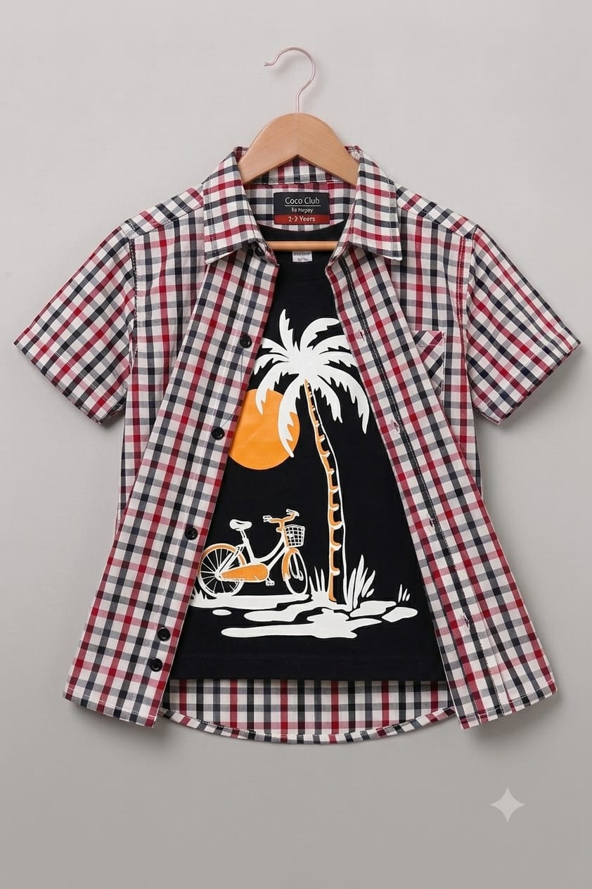 Tree With Cycle Black inner Red White Check Double Casual Shirt Boys(R-328N)