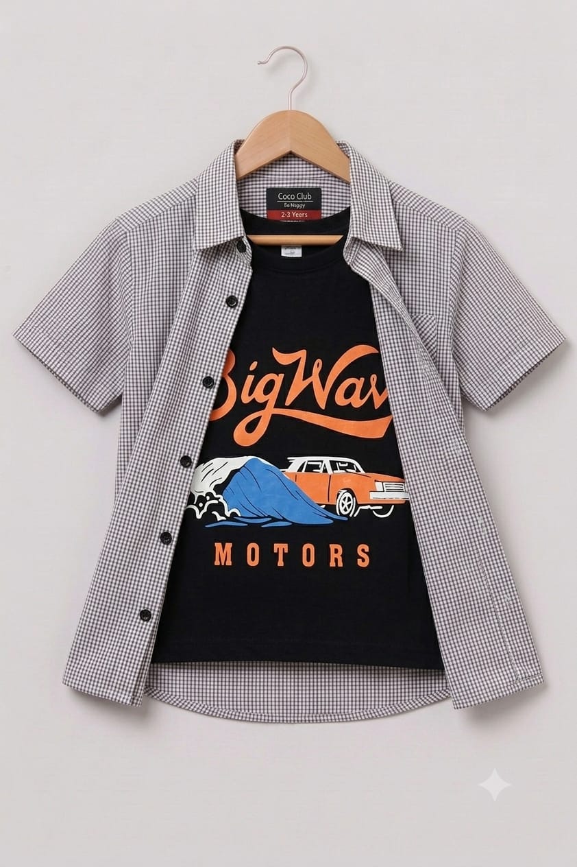 Big Way Motor Black Inner Whtite Check Double Casual Shirt Boys(R-293N)