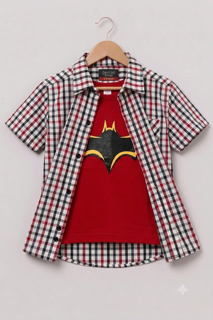 Batman Red inner White Red Check Double Casual Shirt Boys(R-301N)