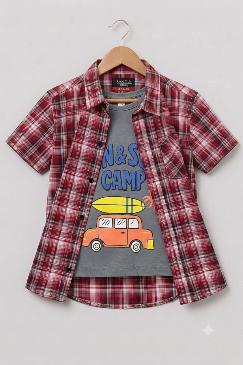 Sun Surf Grey inner Maroon Check Double Casual Shirt Boys(R-417N)