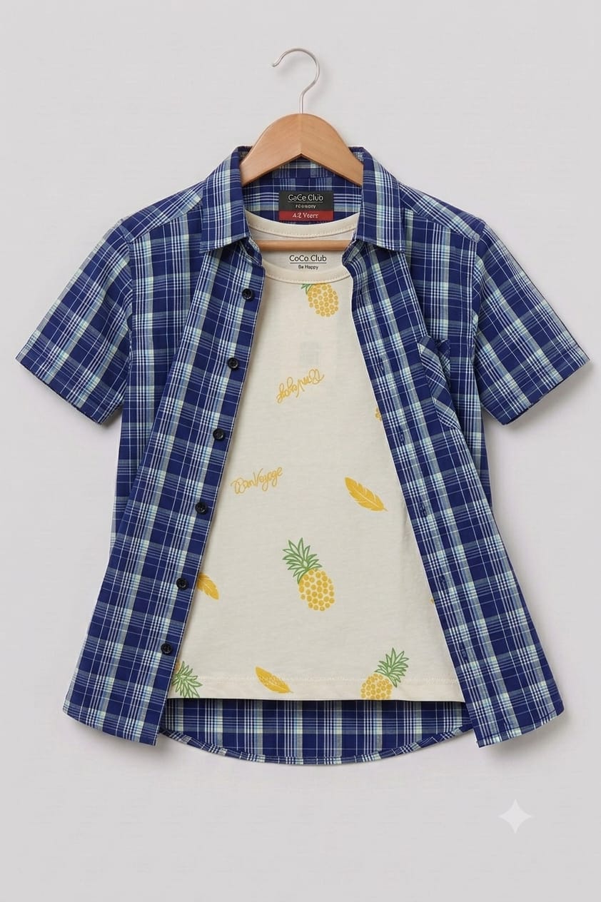 Pineapple Print White inner Blue Check Double Casual Shirt Boys(293N)