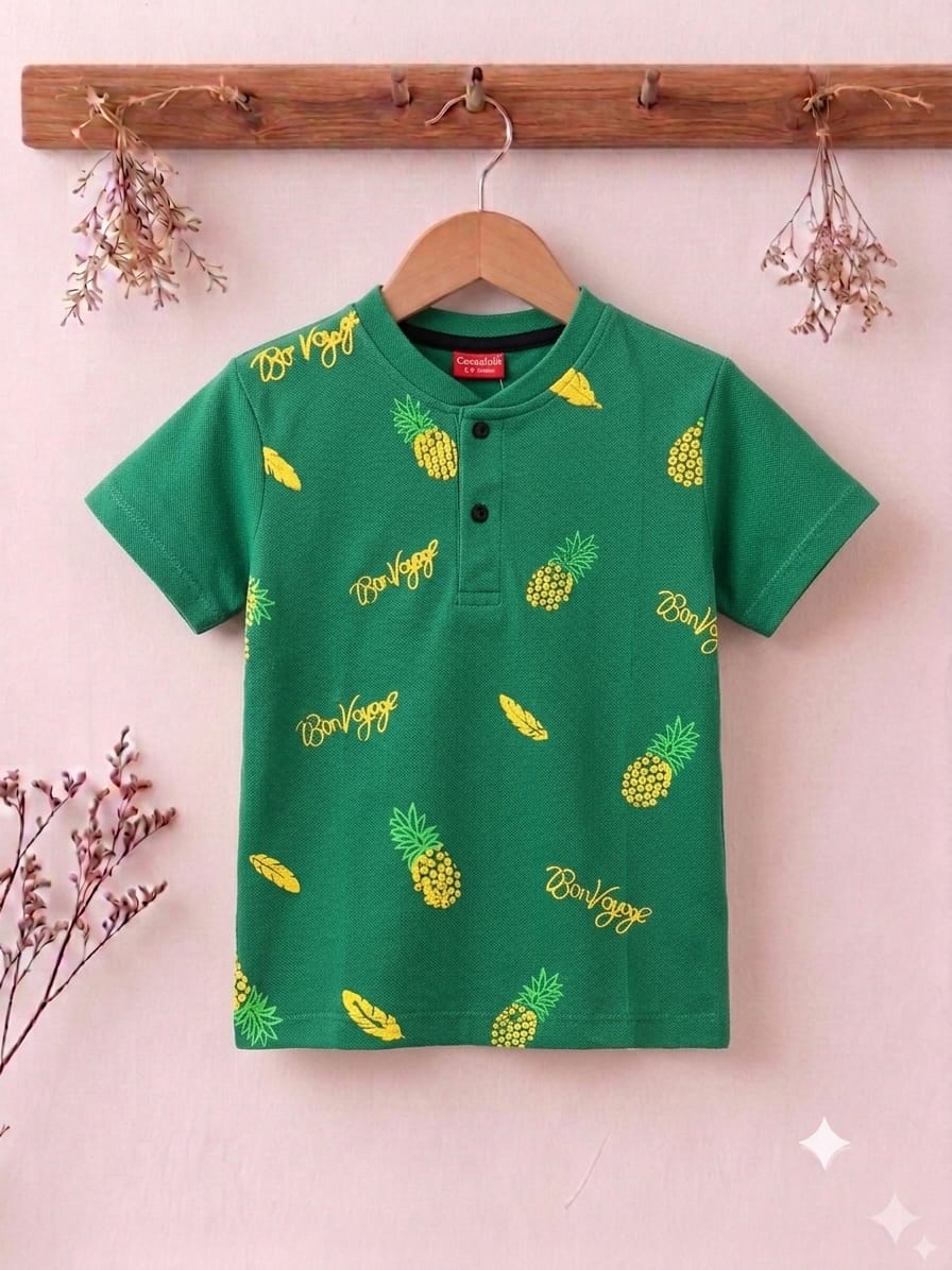 Pineapple All Over Print Green Henley Polo Boys ( R-531 )