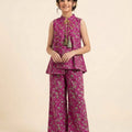 White Flower Sleeveless Dark Pink Angrakha Style Pairs Girls ( R-91 )