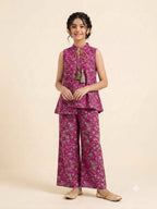 White Flower Sleeveless Dark Pink Angrakha Style Pairs Girls
