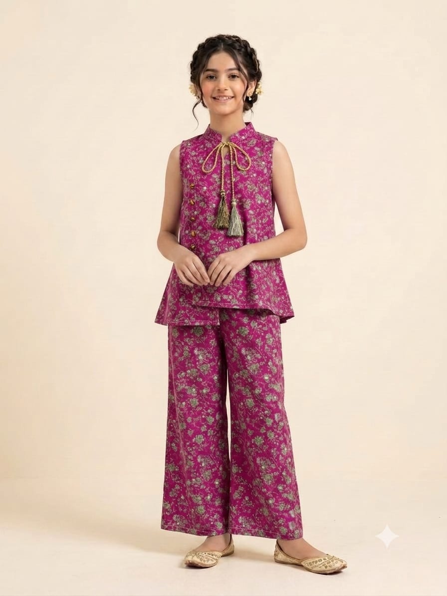 White Flower Sleeveless Dark Pink Angrakha Style Pairs Girls