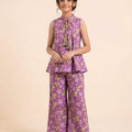 Yellow Flower Sleeveless Purple Angrakha Style Pairs Girls ( R-91 )