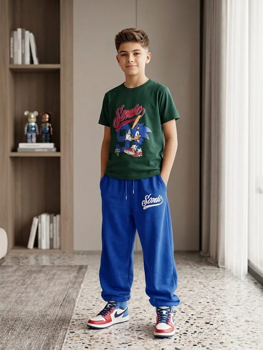 Sonic Print Green Baggy Trouser Shirt Boys