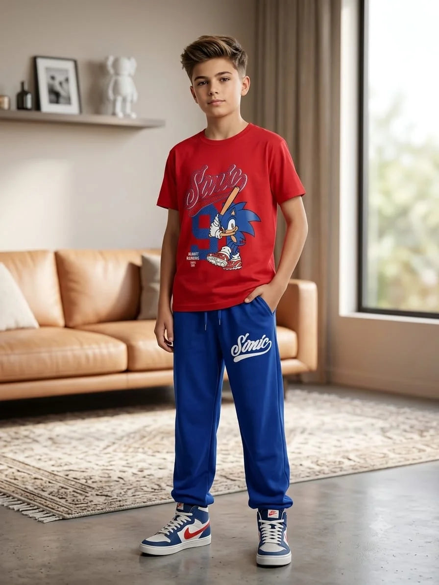 Sonic Print Red Baggy Trouser Shirt Boys