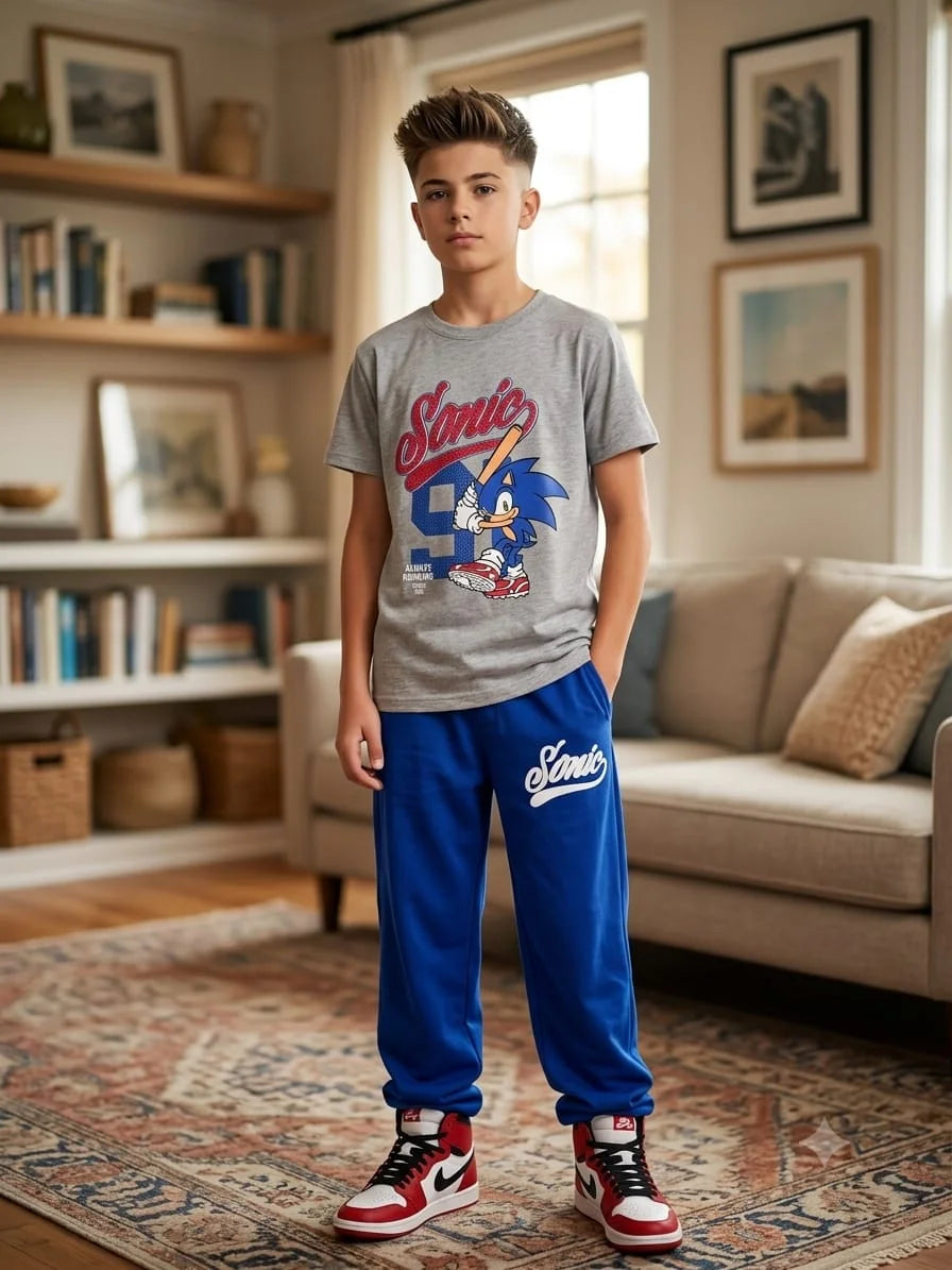 Sonic Print Oatmeal Baggy Trouser Shirt Boys