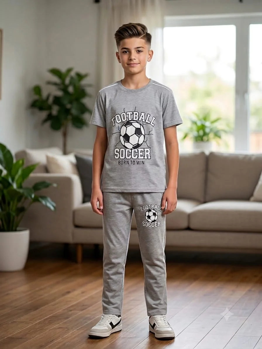 Football Print Oatmeal Trouser Shirt Boys