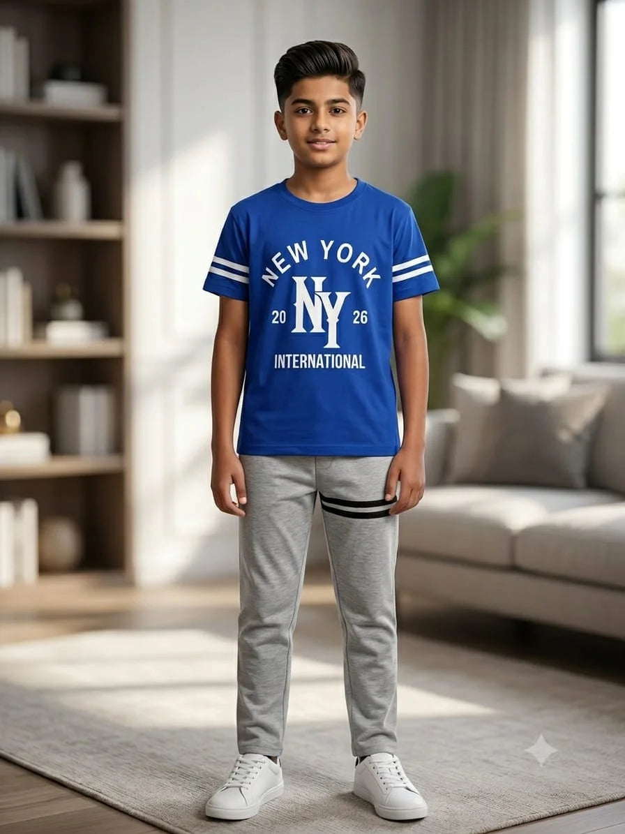 New York Print Royal Bue Contrast Trouser Shirt Boys