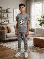 Football Print Grey Trouser Shirt Boys
