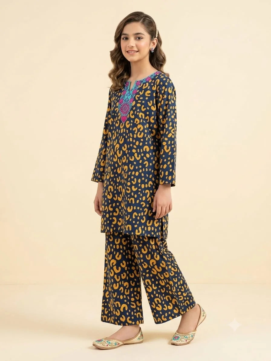 Front Embroidery Leopard Print Navy 2Pcs Suit Girls ( R-4)