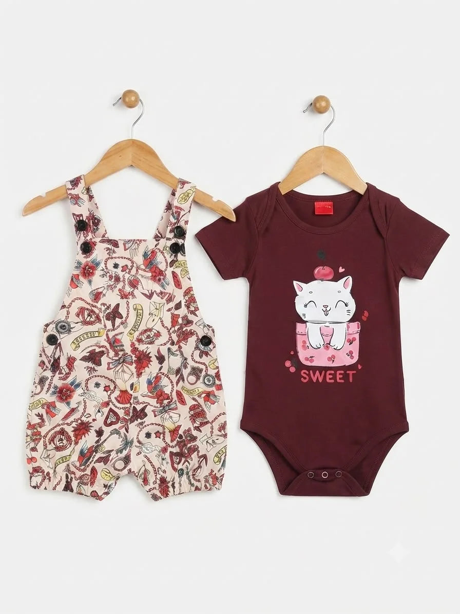 Sweet Cat Print Mahroon T-Shirt & Romper ( R-224 N )