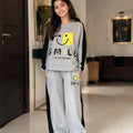 Smile Print Full Sleeve Oatmeal Baggy Trouser Shirt Girls ( R-325 N )