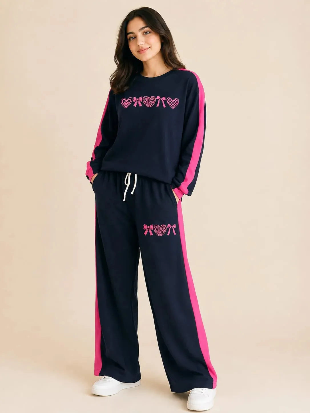 Heart With Bow Navy Baggy Track Suit For Women's