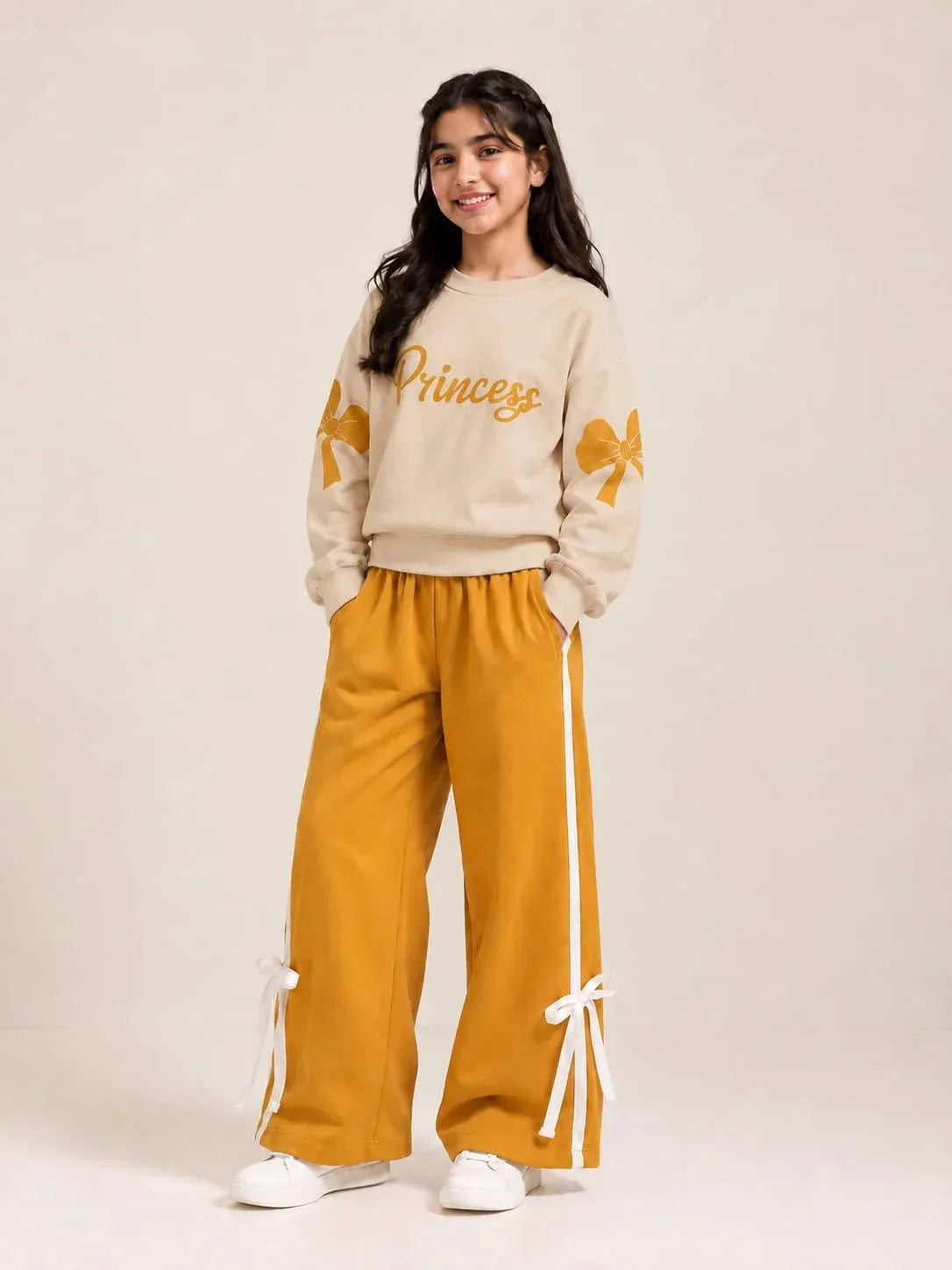 Princess Print Beige & Yellow Track-Suit For Girls