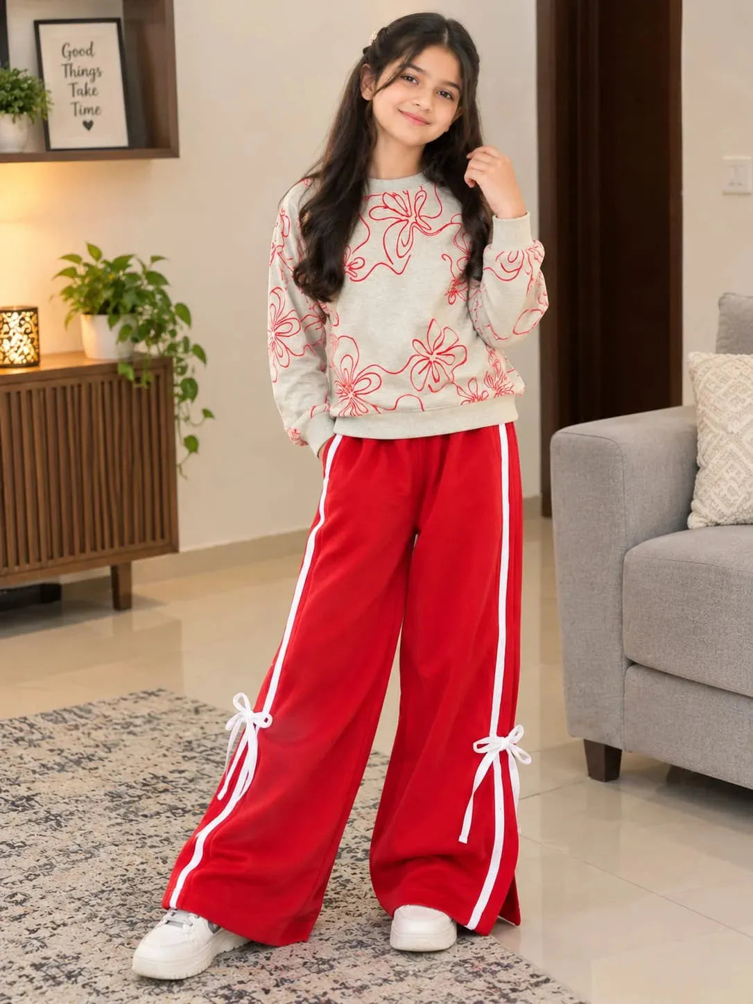 Floral Art Print Skin Red Track-Suit For Girls ( R-150 N )