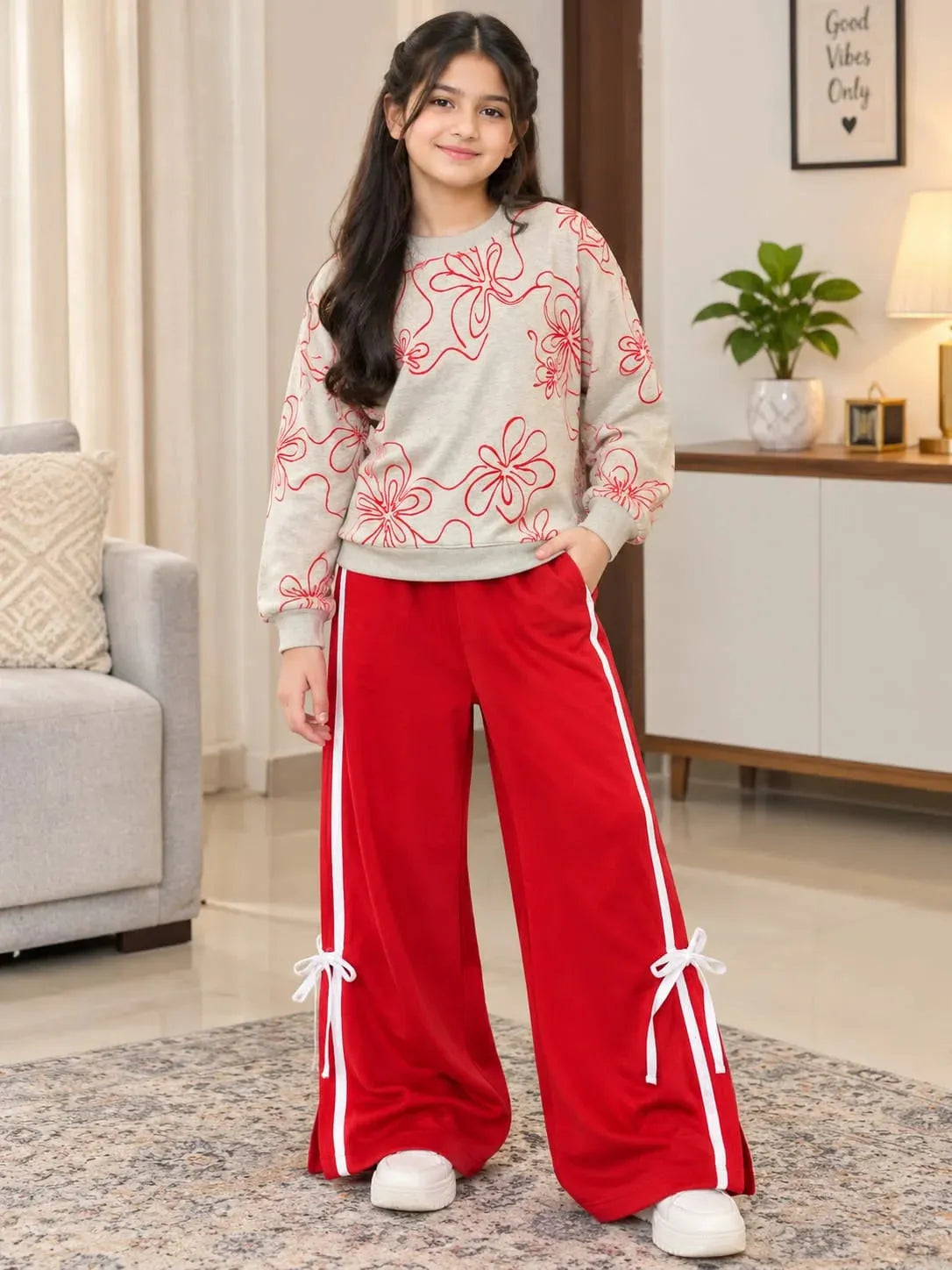 Floral Art Print Skin Red Track-Suit For Girls ( R-150 N )