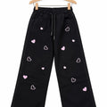 Heart Embroidery With Ribbon Black Jeans Girls ( R-285 )