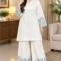 Floral Embroidery White Corduroy Co-Ord Set For Women