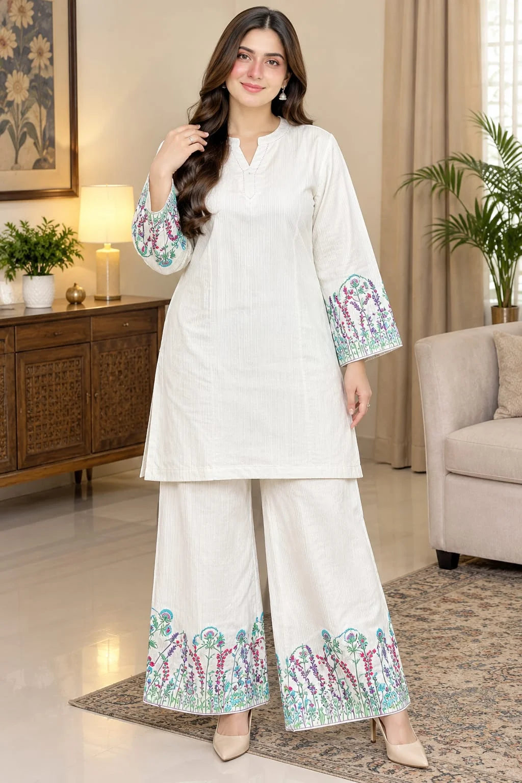 Floral Embroidery White Corduroy Co-Ord Set For Women