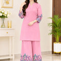 Floral Embroidery Notch-Neck Light Pink Corduroy Co-Ord Set For Women