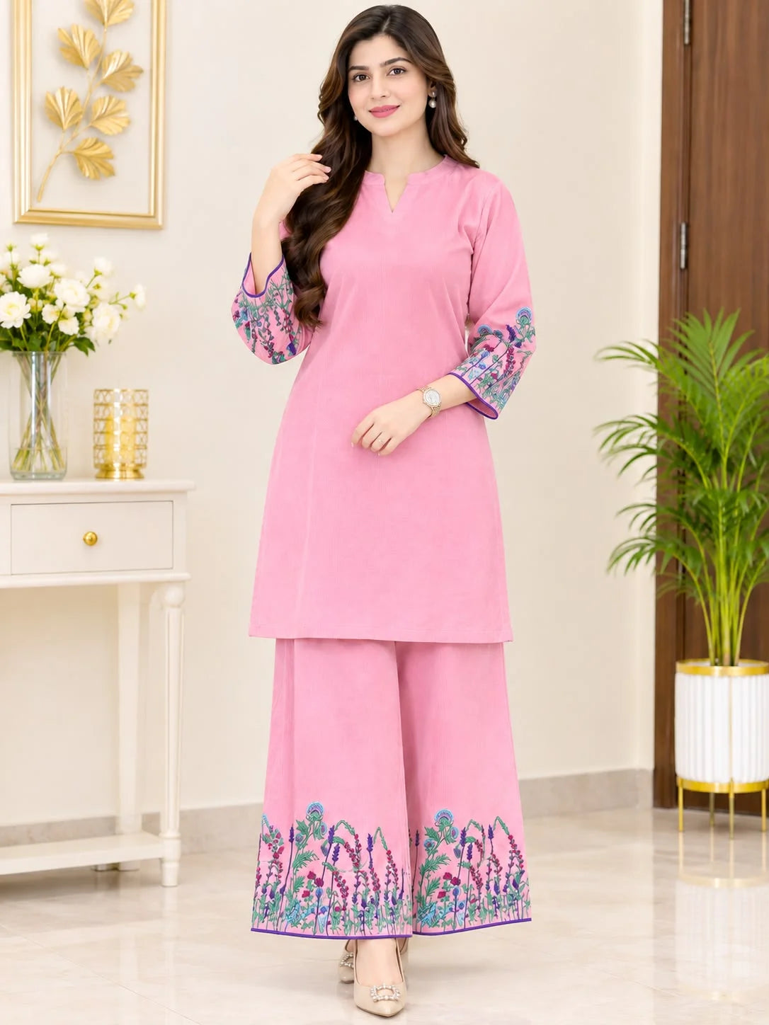 Floral Embroidery Notch-Neck Light Pink Corduroy Co-Ord Set For Women