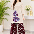 Floral Embroidery Notch-Neck Beige Corduroy Co-Ord Set For Women