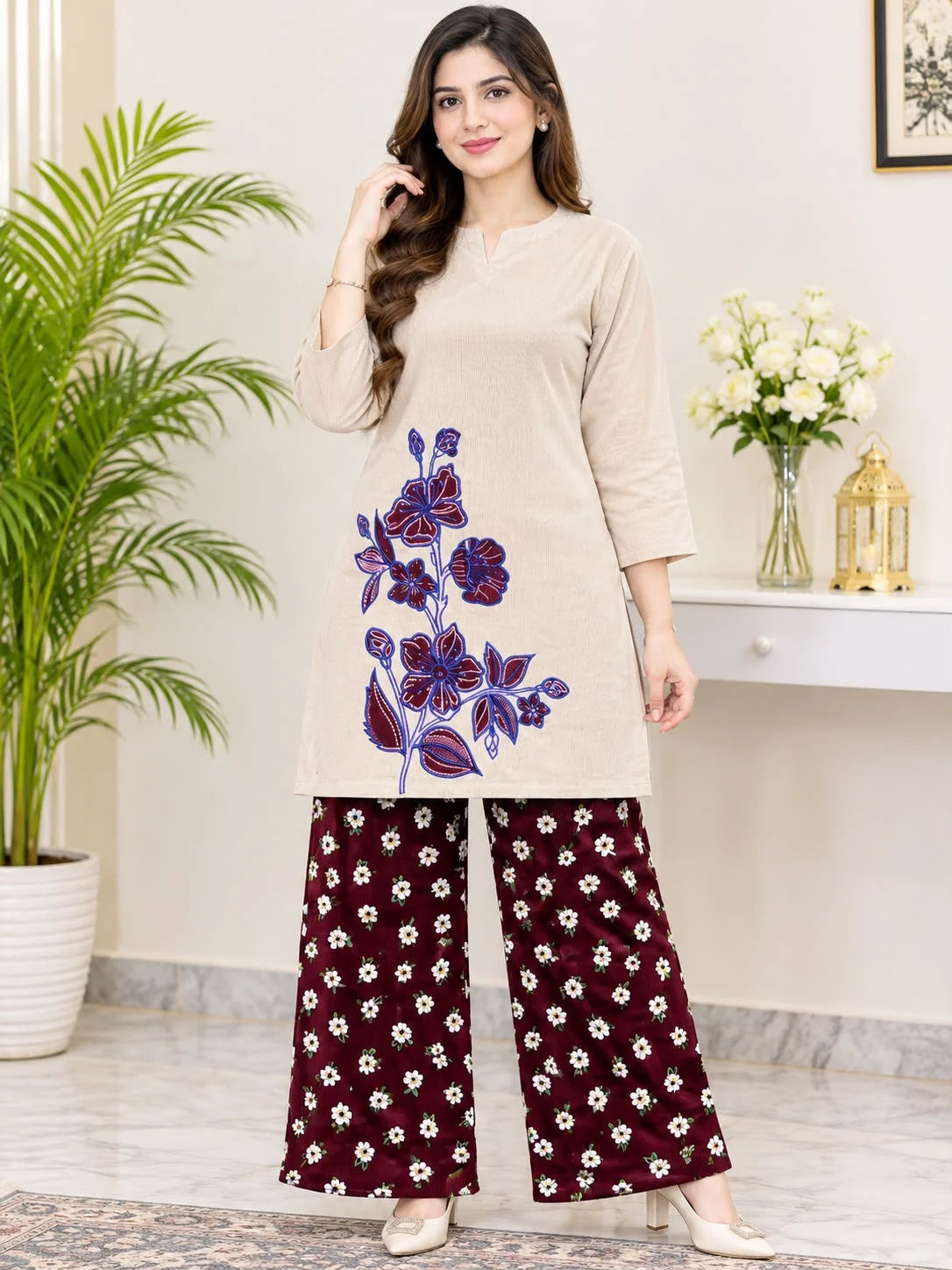 Floral Embroidery Notch-Neck Beige Corduroy Co-Ord Set For Women