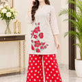 Red Floral Embroidery Notch-Neck Light Beige Corduroy Co-Ord Set For Women