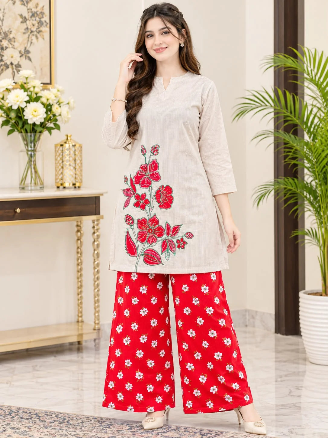 Red Floral Embroidery Notch-Neck Light Beige Corduroy Co-Ord Set For Women