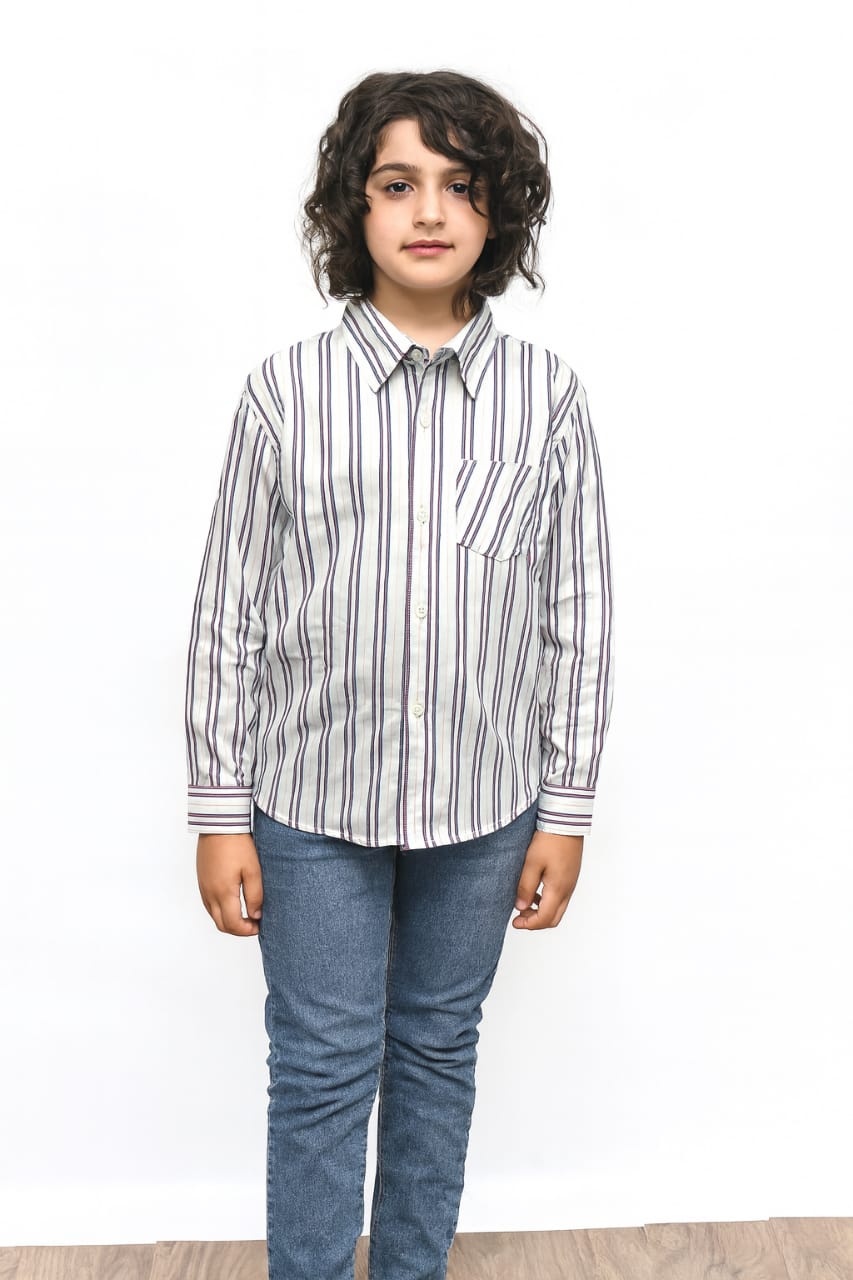 Purple & Red Line White Casual Shirt Boys ( R-21 ) Factory
