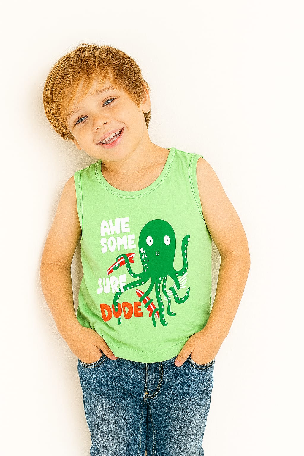 Awesome Light Green Sleevless Shirt Boys