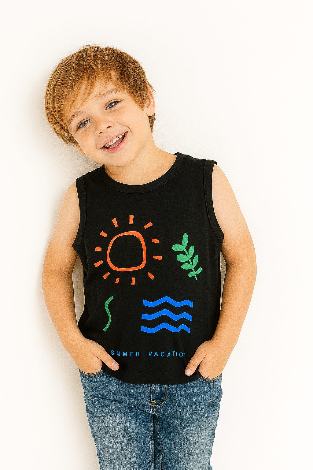 Summer Vacation Black Sleeveless Shirt Boys