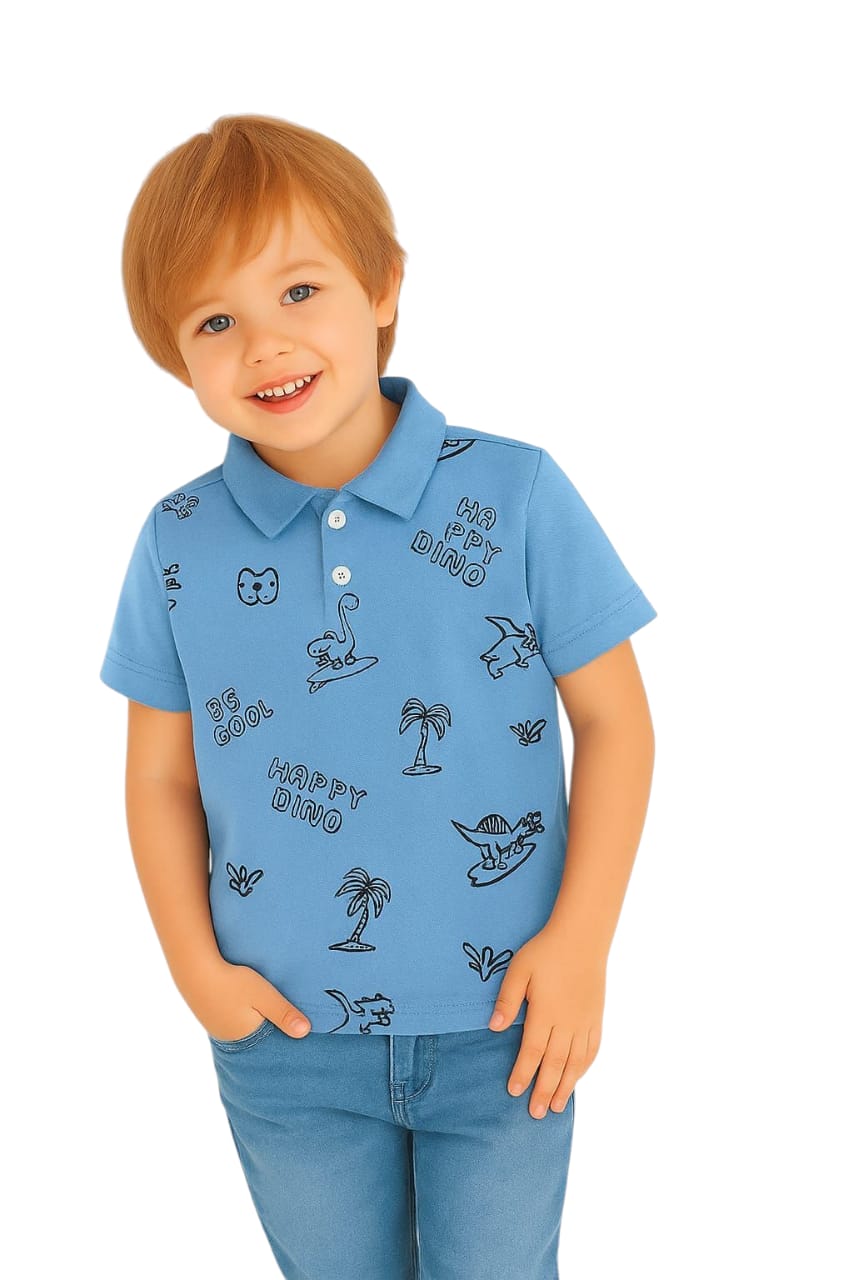 Happy Dino Sky Blue Collar Polo T-Shirt Boys