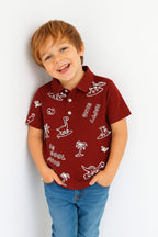 Happy Dino Mahroon Collar Polo Shirt Boys
