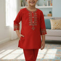 Embroidery Penal & Sleeve Red Pairs Girls ( R-327  N)