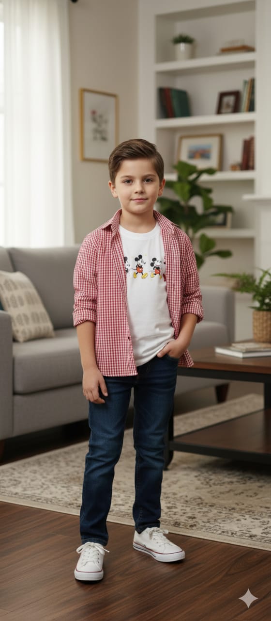 4 Mickey Mouse White Inner Red Check Double Casual Shirt