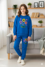 Smiley Flower Embroidery Royal Blue Track-suit Girls
